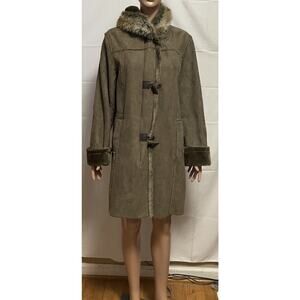 Vintage Oleg Cassini Coat Womens Green Faux Fur Trim USA Old Money Chic M